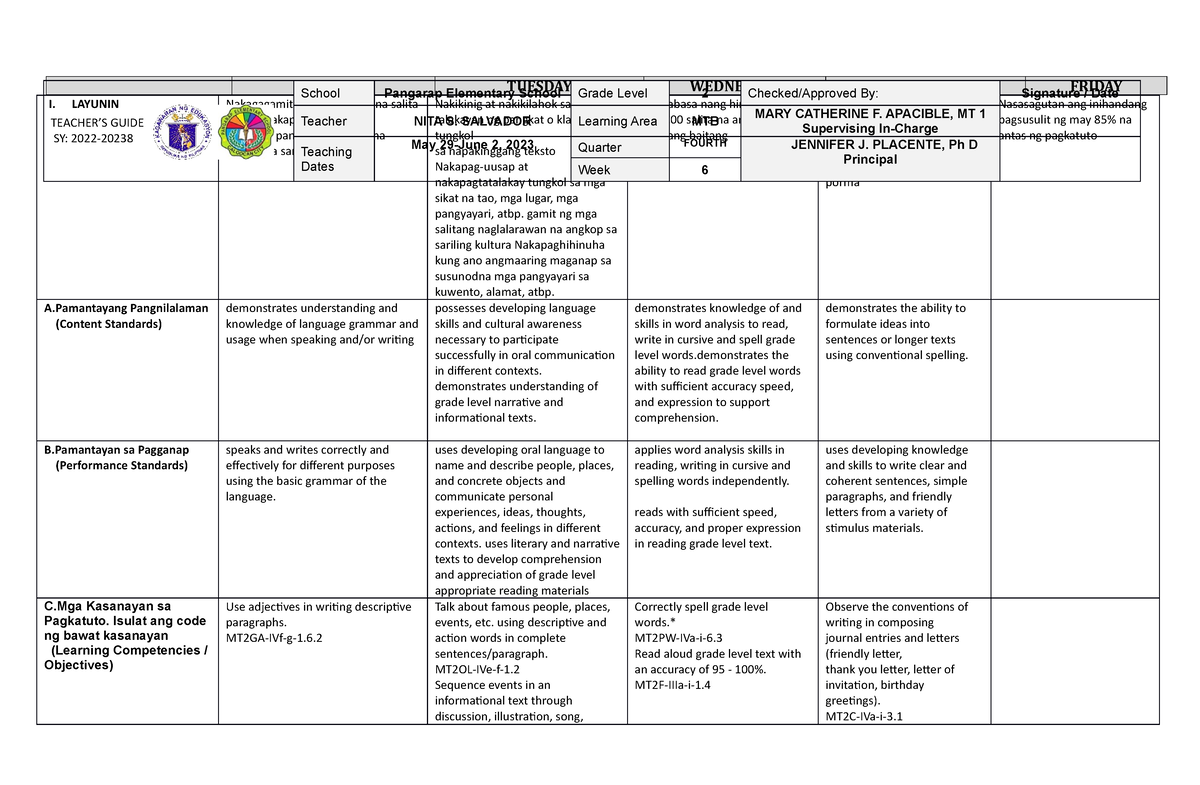 Grade 2 DLL MTB 2 Q4 Week 6 - MONDAY TUESDAY WEDNESDAY THURSDAY FRIDAY ...