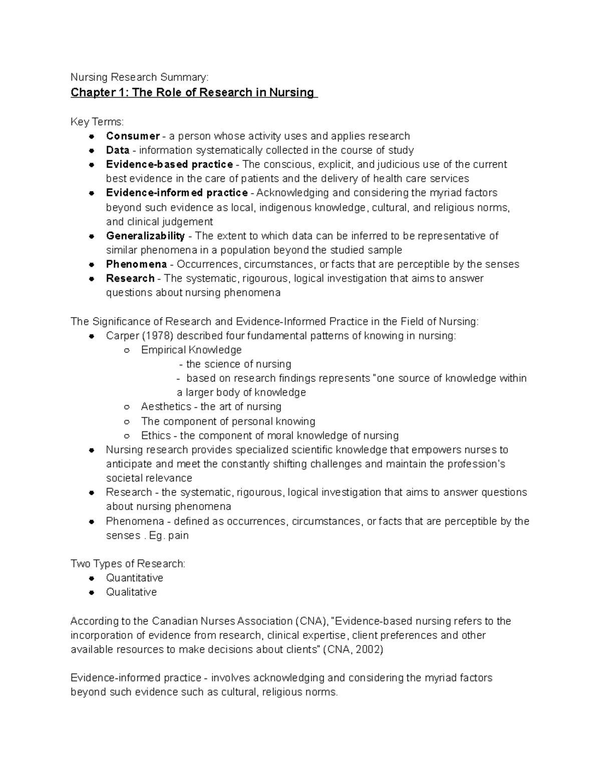 Nursing Research Summary Chapter 1 - Eg. pain Two Types of Research ...