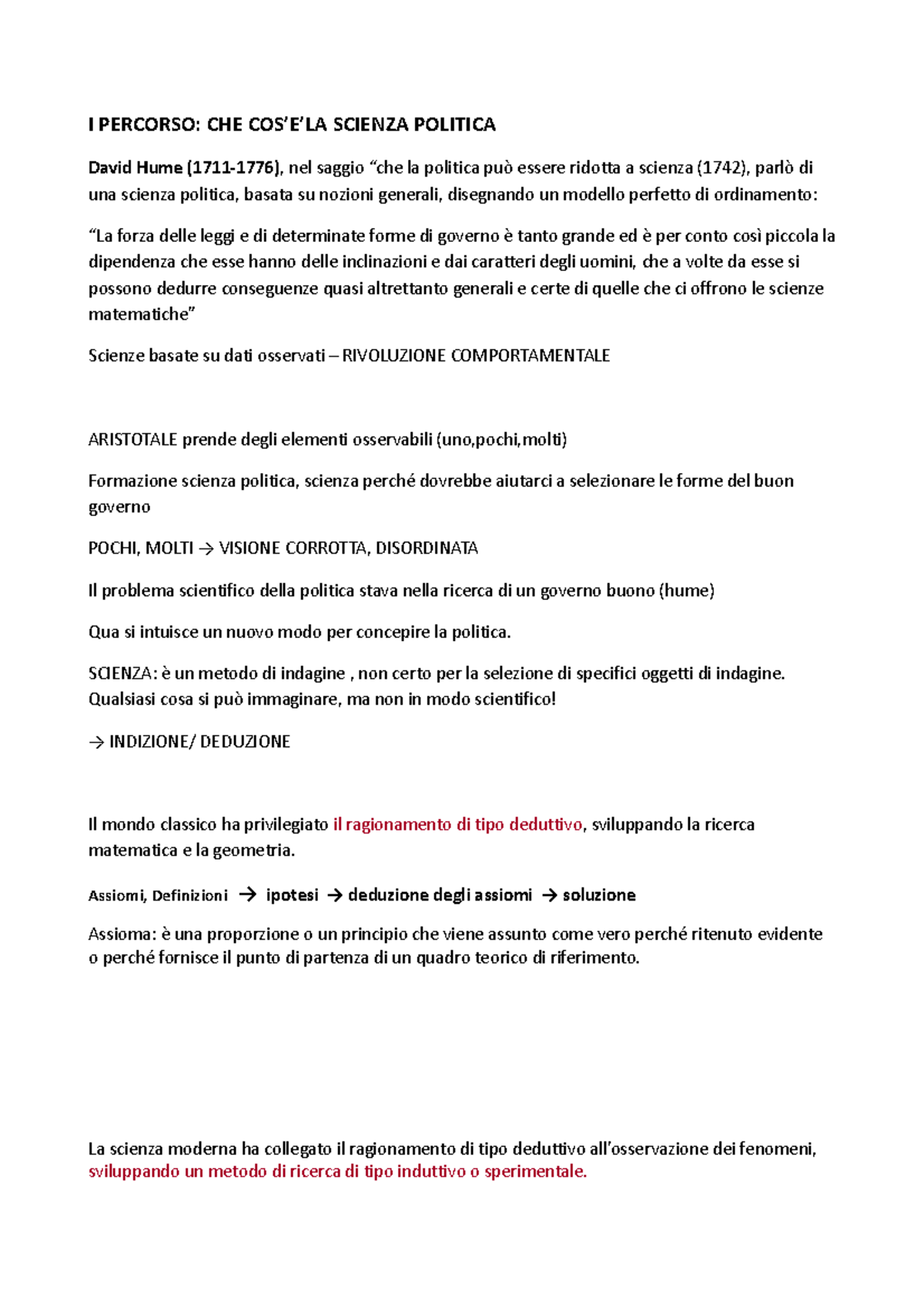 I Percorso Didattico Appunti di lezione I PERCORSO CHE COS’E’LA SCIENZA POLITICA David Hume