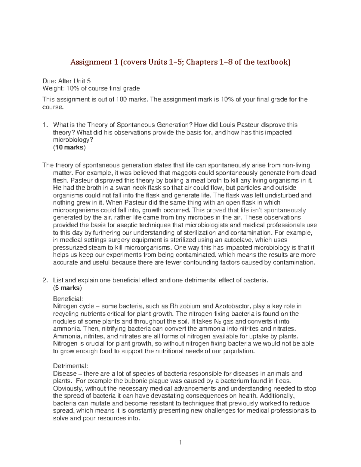 Assignment 1 biol325 Assignment 1 (covers Units 15; Chapters 18 of