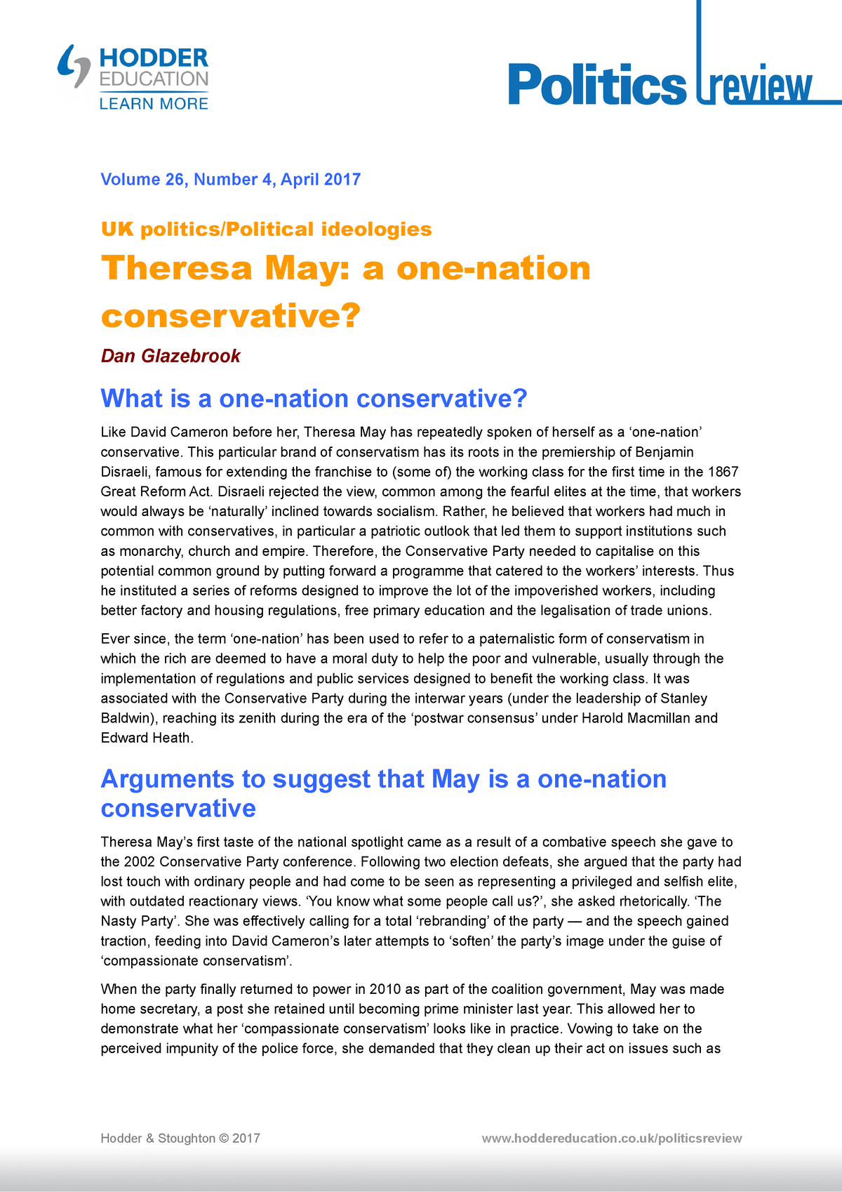 Politics Review 26 4 One Nation Conservatism - Volume 26, Number 4 ...