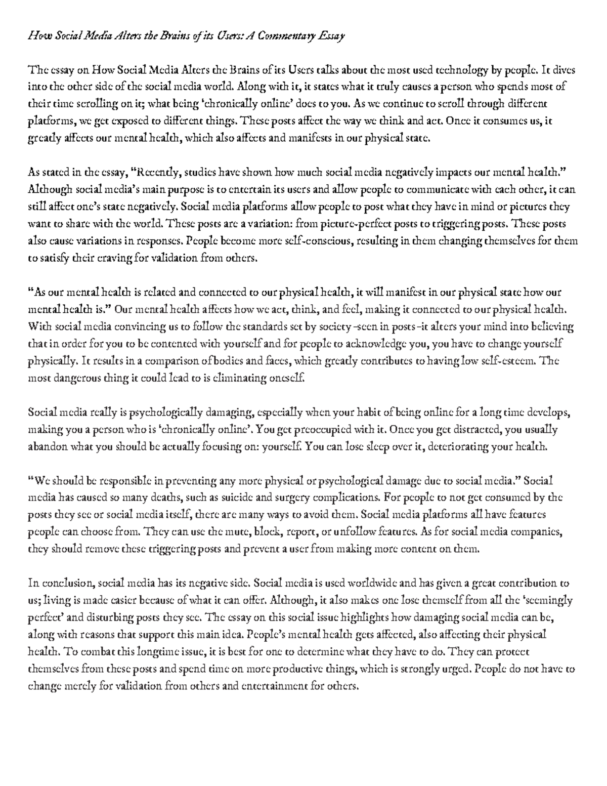 Commentary Essay- Social- Media - How Social Media Alters the Brains of ...