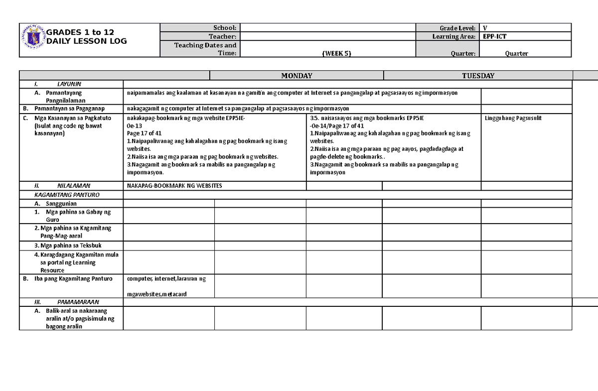 Grade 5 DLL EPP 5 Q4 Week 5 - GRADES 1 to 12 DAILY LESSON LOG School ...