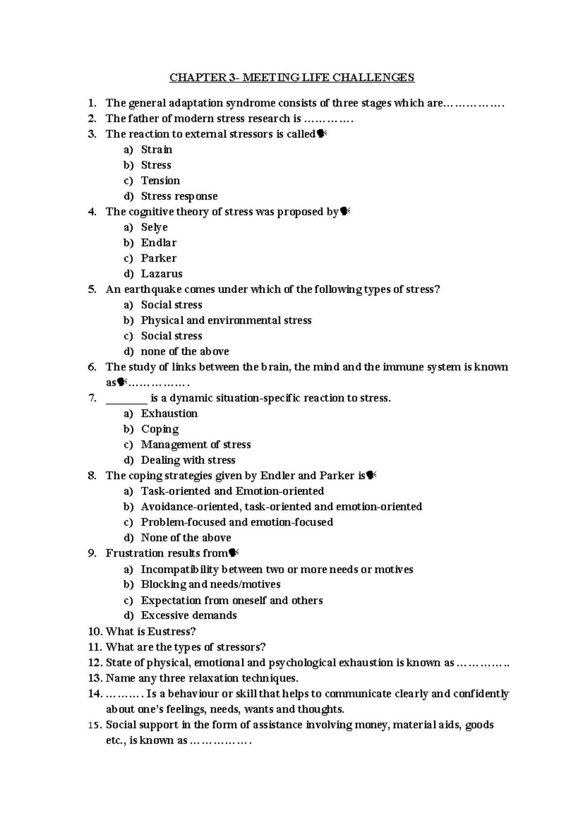 Chapter 3 Worksheet - MCQ - CHAPTER 3- MEETING LIFE CHALLENGES The ...