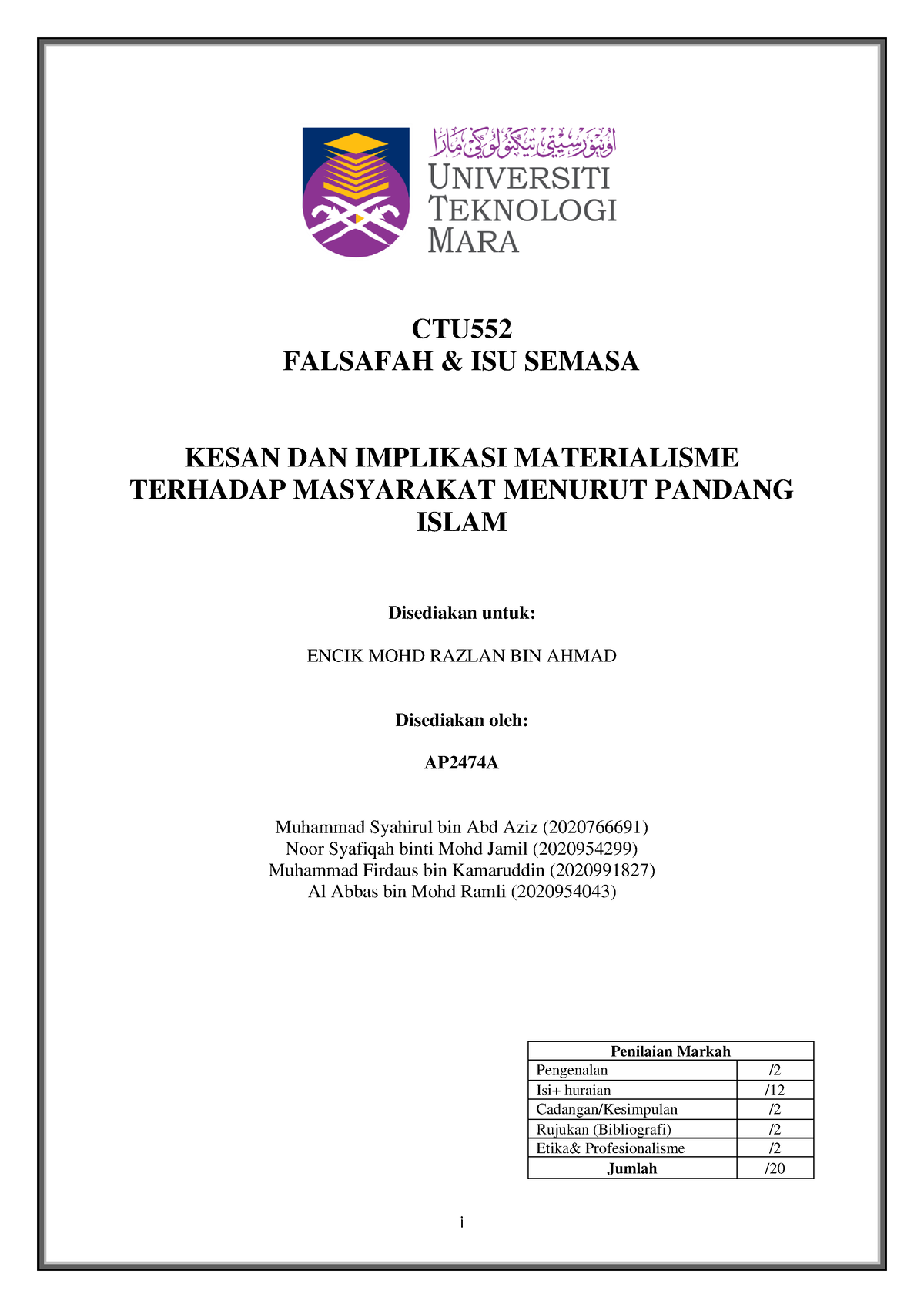 CTU 552 Report Materialisme - I CTU FALSAFAH & ISU SEMASA KESAN DAN ...