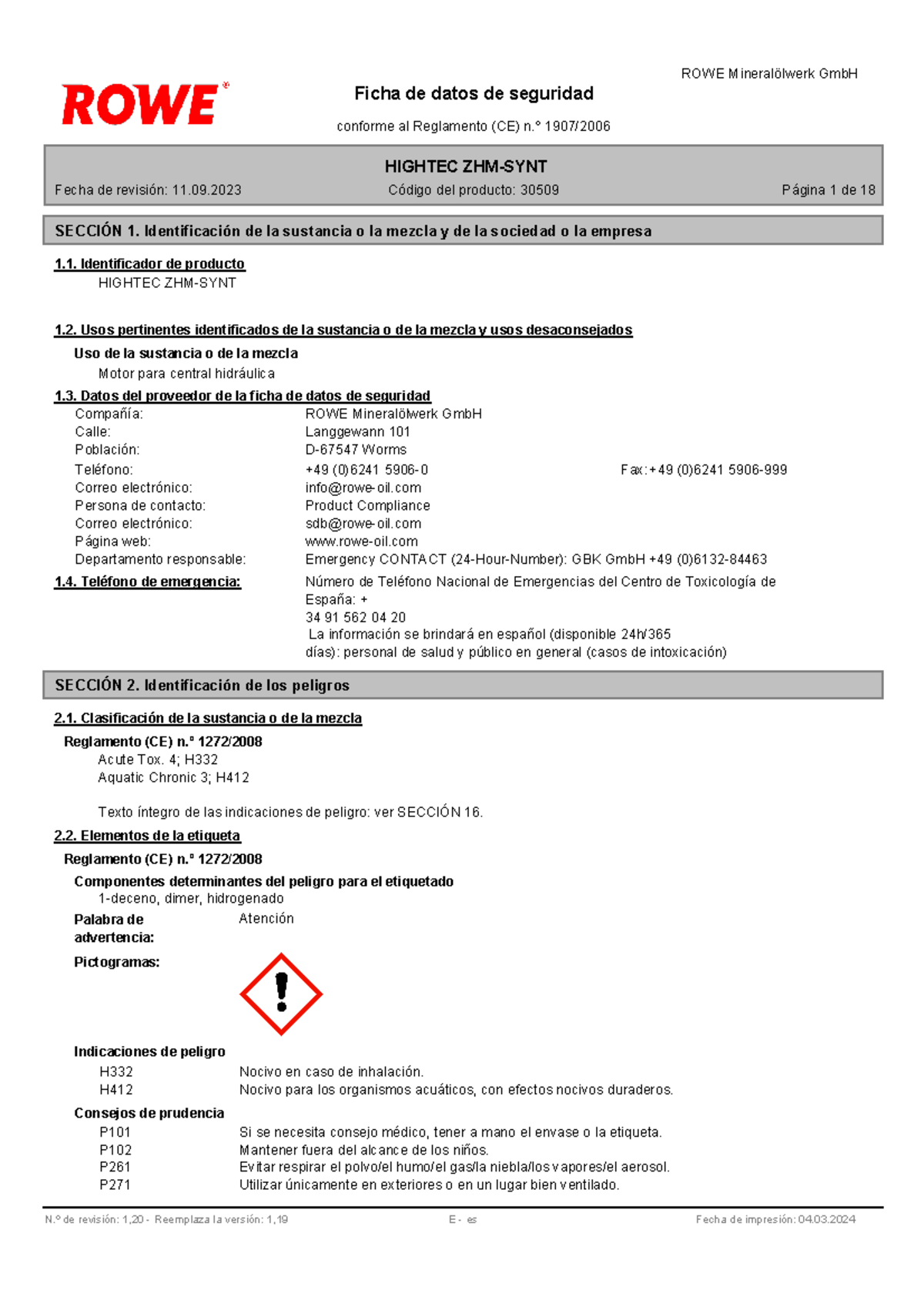 SDB Safety Data SheetSDBROWESpanischGHS3050999800 Ees 1,20