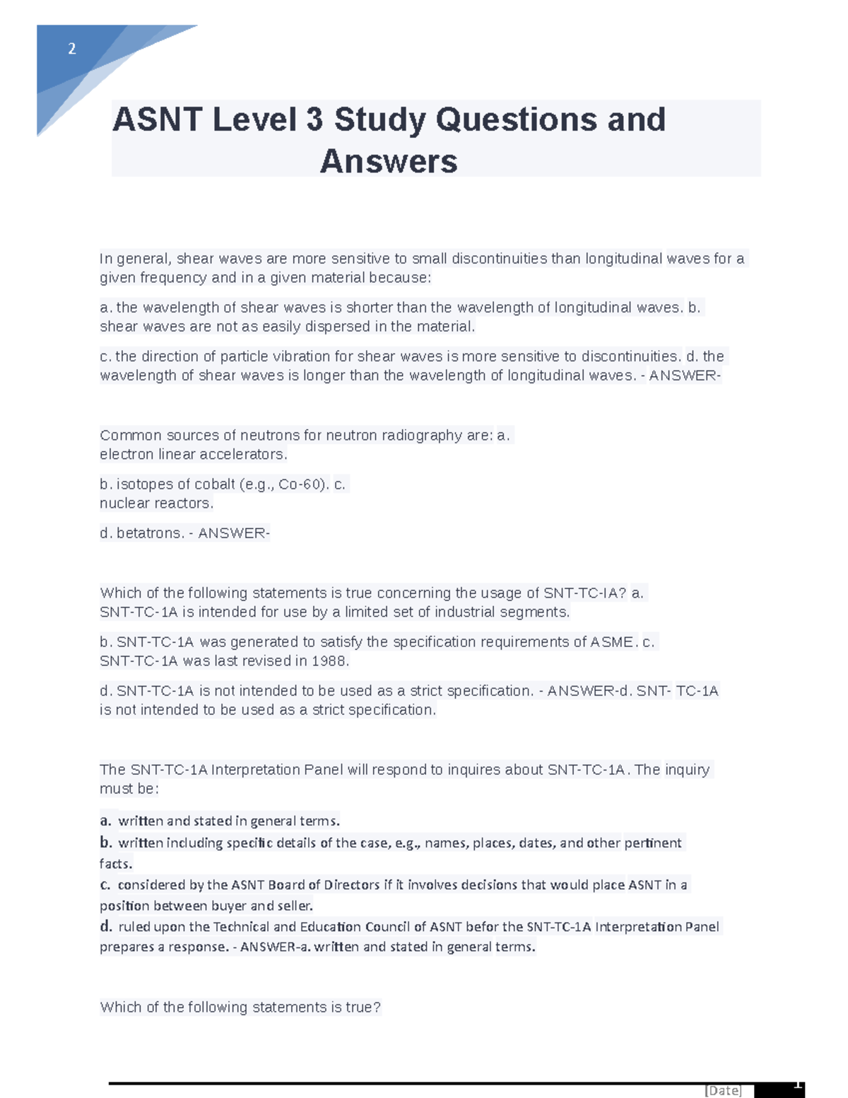 ASNT Level 3 Study Questions and Answers [Date] 2 ASNT Level 3 Study