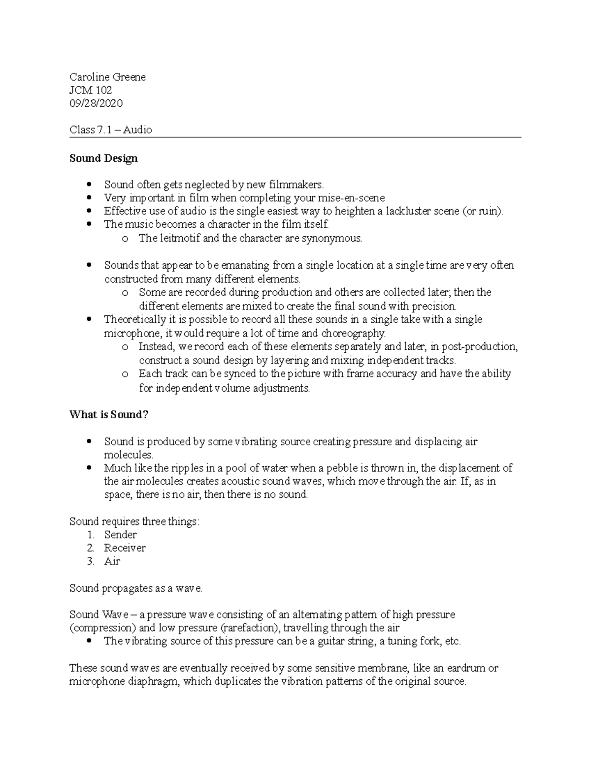 JCM 102 - 7.1 Audio - Lecture notes 20 - Caroline Greene JCM 102 09/28 ...