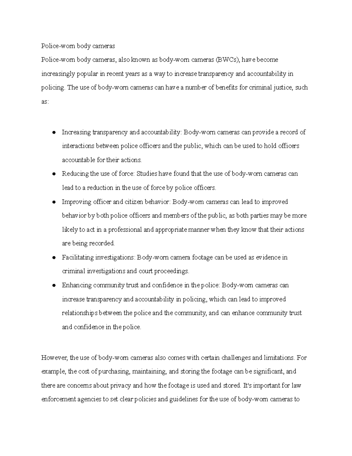 Criminal justice(Policeworn body cameras) Policeworn body cameras Policeworn body cameras