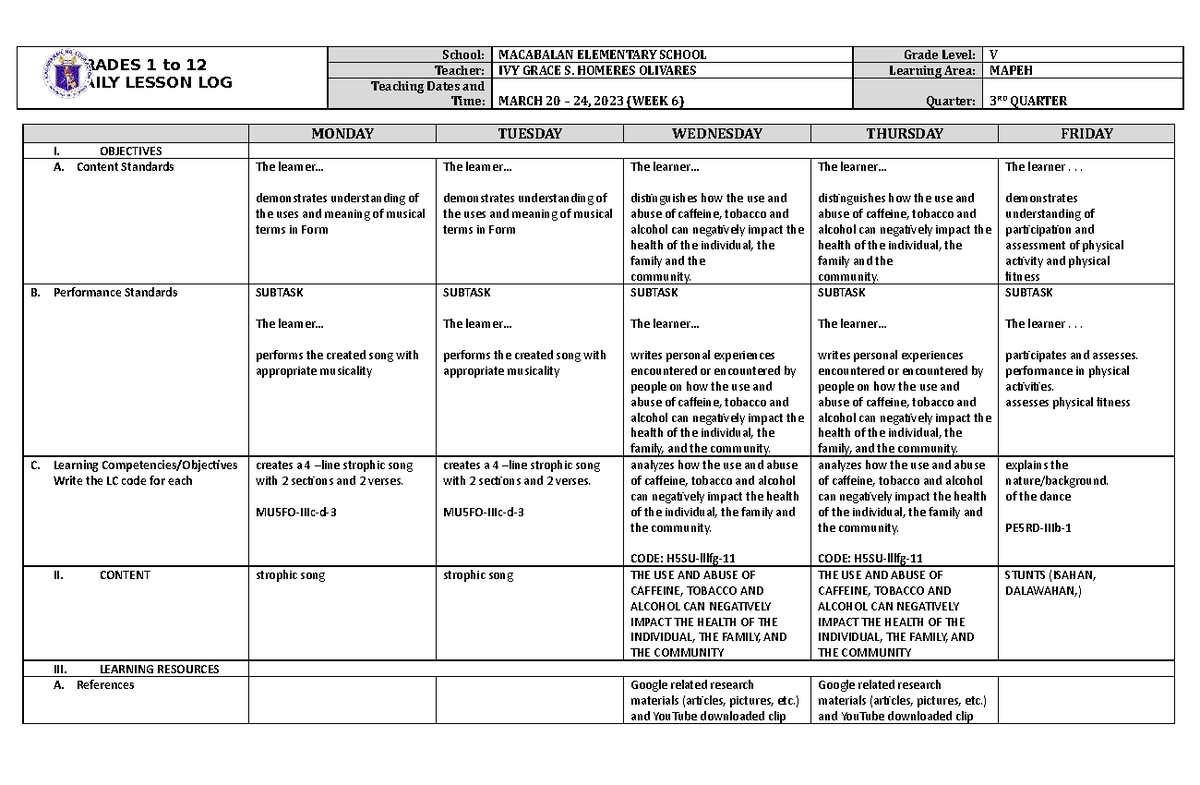 DLL Mapeh-5 Q3 W6 - dll - GRADES 1 to 12 DAILY LESSON LOG School ...