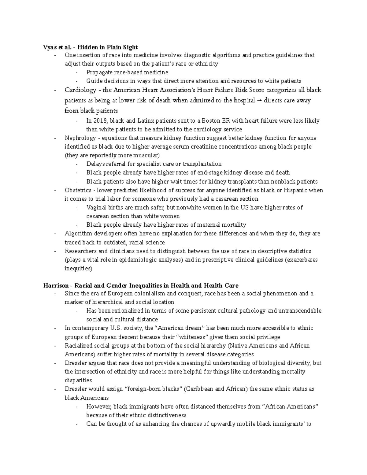 Week 3 Race Science graded homework notes Vyas et al. Hidden in