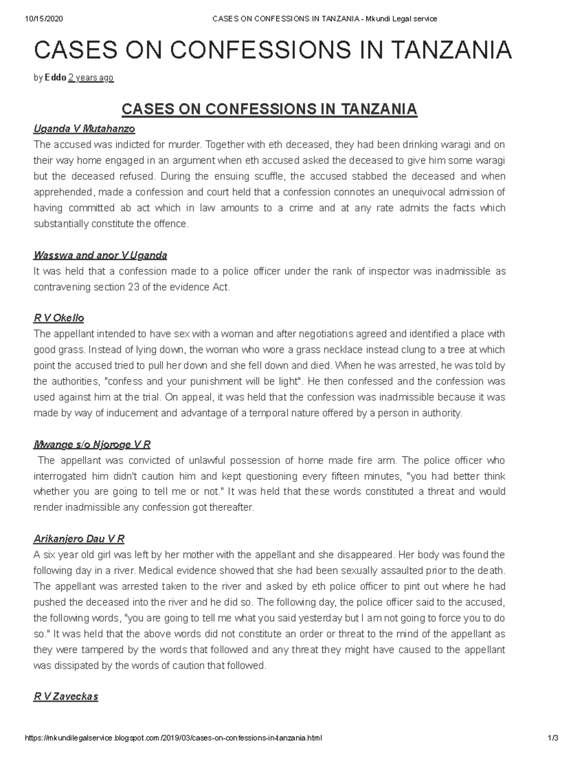 Cases ON Confessions IN Tanzania Mkundi Legal service 10/15/2020