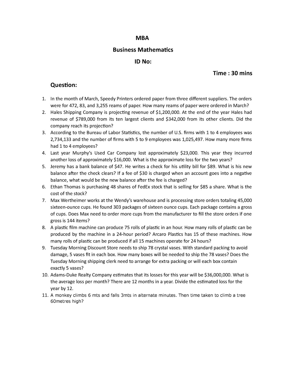 Business Mathematics Assignment 01 MBA Business Mathematics ID No 