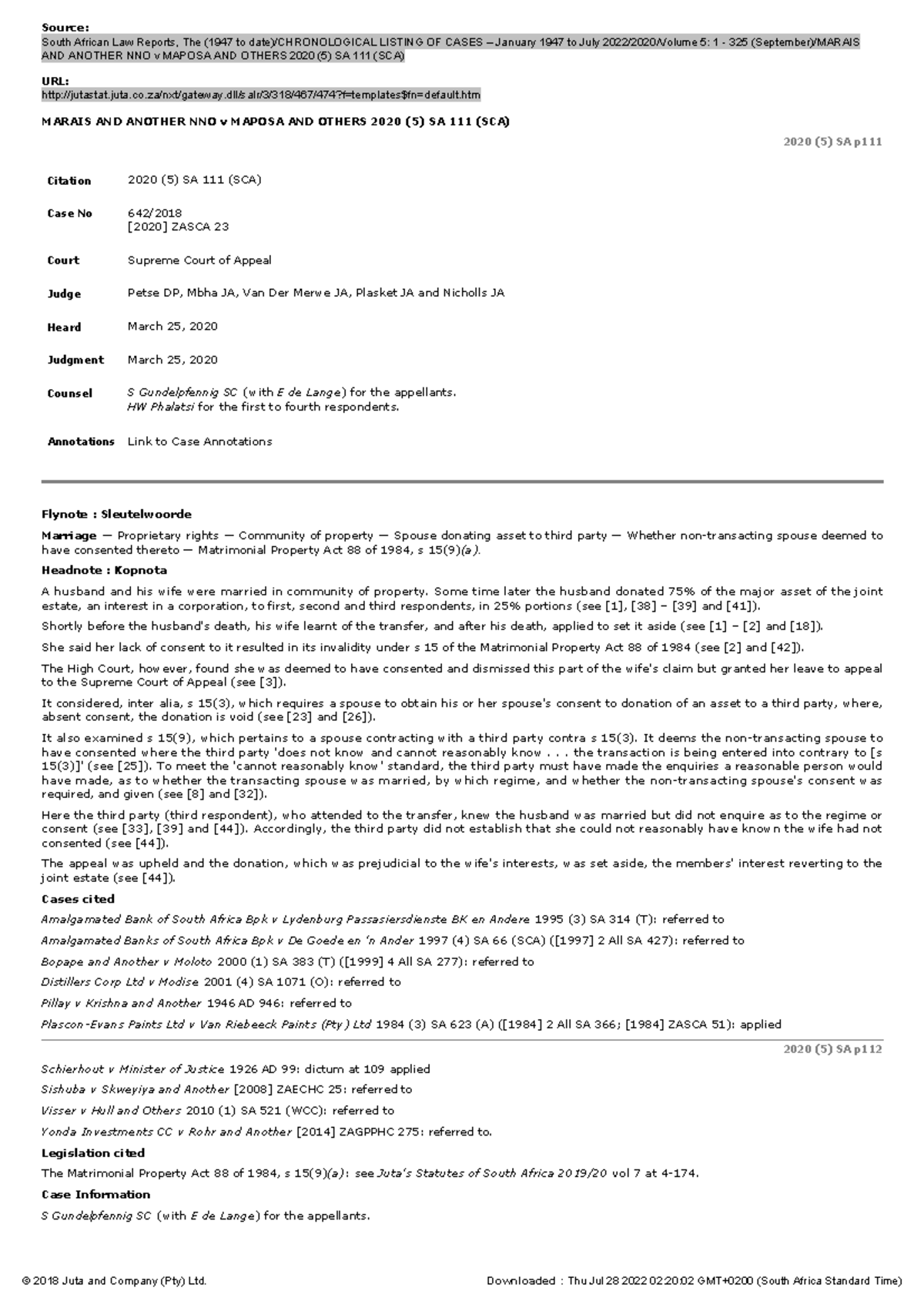 Marais AND Another NNO v Maposa AND Others 2020 (5) SA 111 (SCA ...