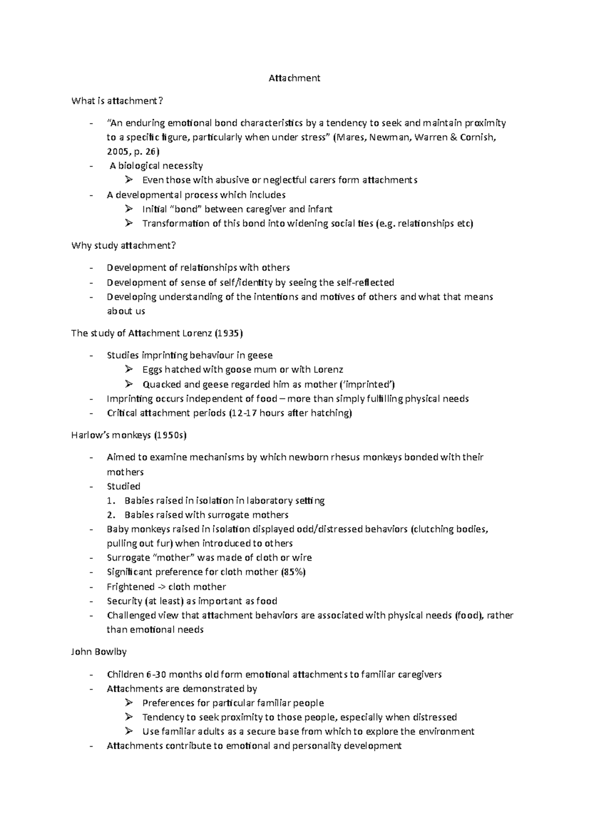PSYC251 Week 2B - notes - Attachment What is attachment? “An enduring ...