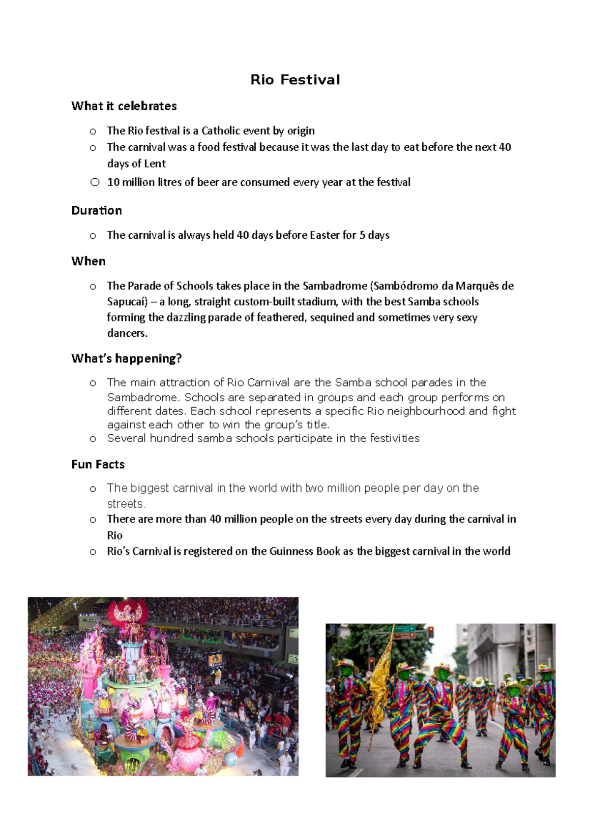 Rio Festival - notes and stuff - Rio Festival What it celebrates o The ...