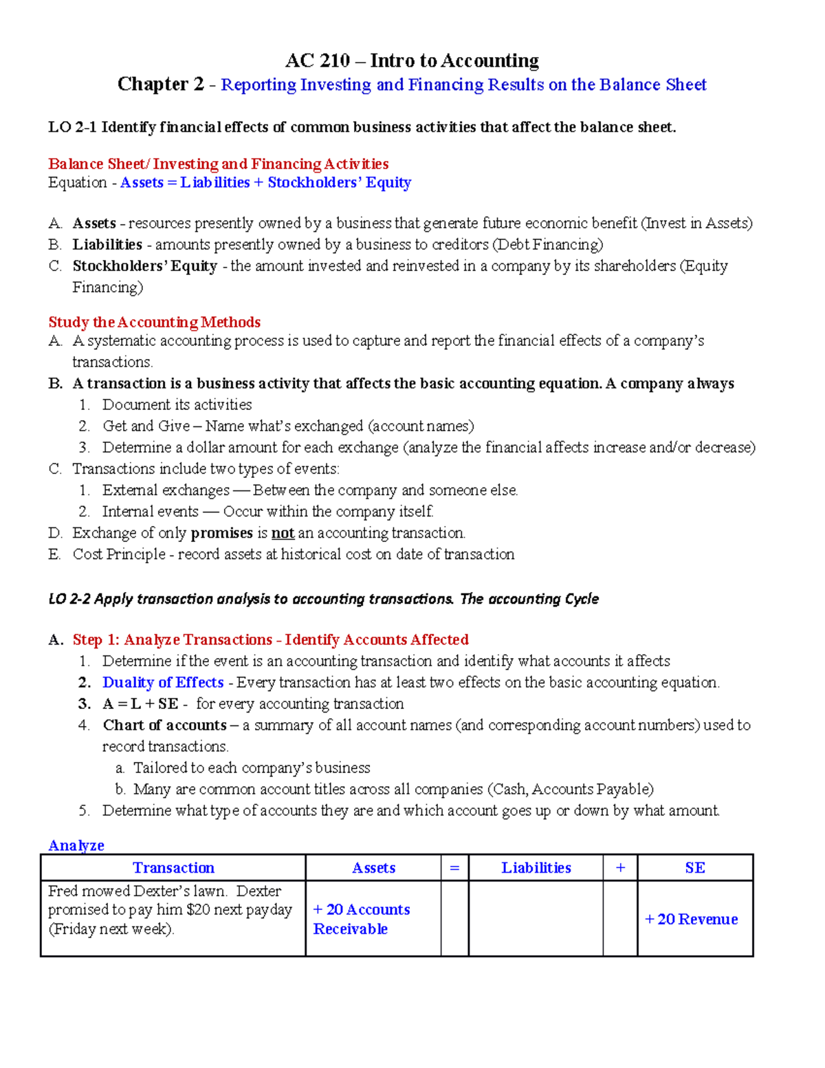 Chapter 2 Notes - AC 210 – Intro To Accounting Chapter 2 - Reporting ...