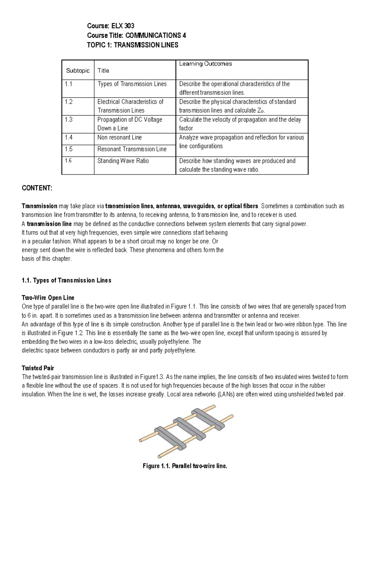 EST 303 Topic 1 Transmission Lines - Course: ELX 303 Course Title ...