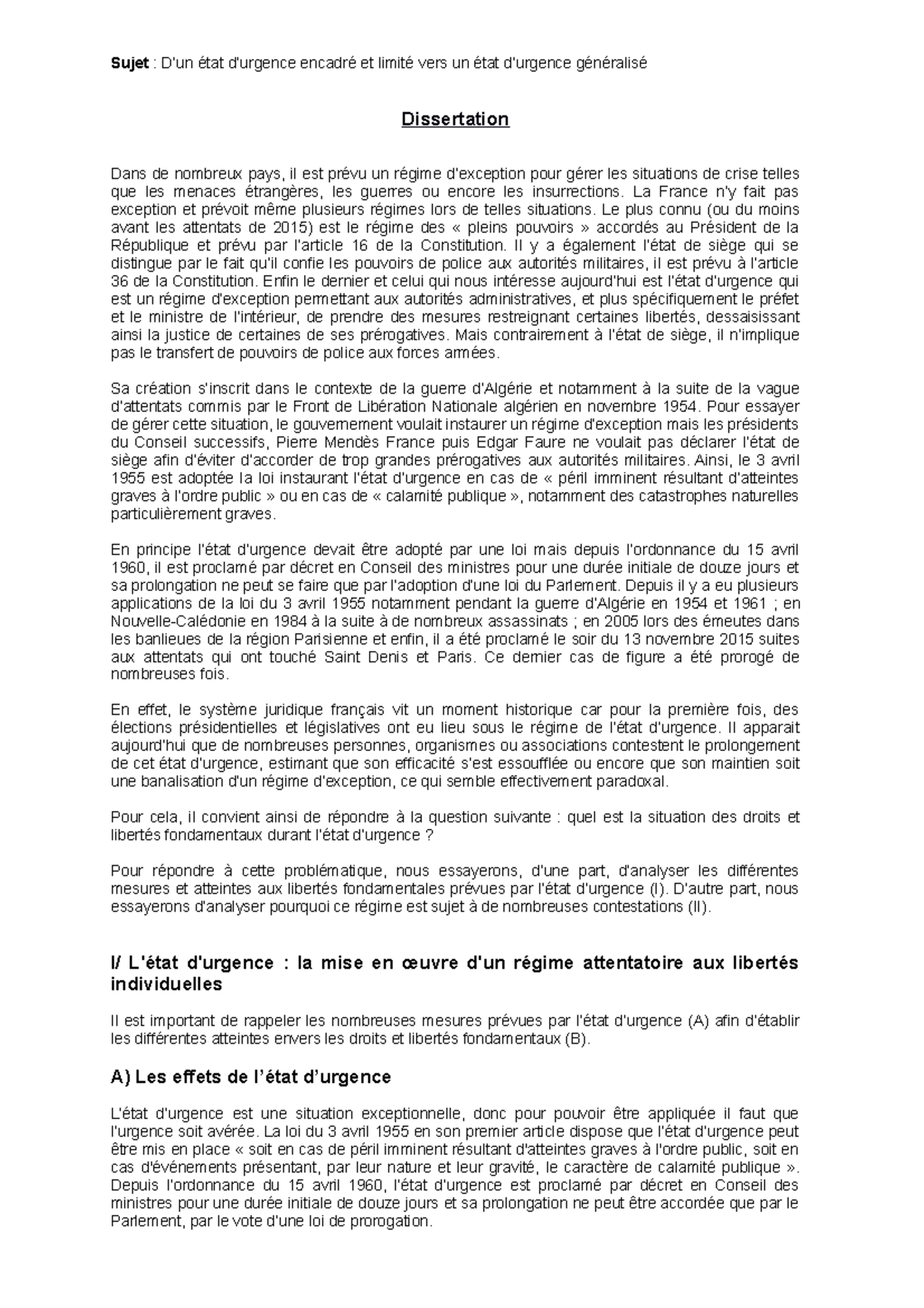 état D Urgence Et Libertés Fondamentales Dissertation