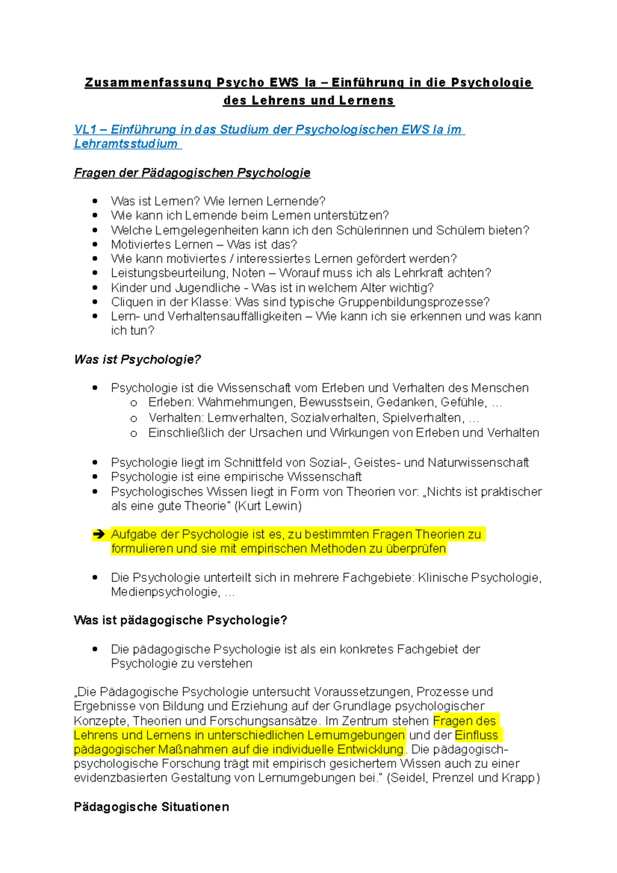 Münchner Skripte Ews Psychologie Psycho EWS Ia 2019 - Zusammenfassung Psycho EWS Ia – Einführung in die