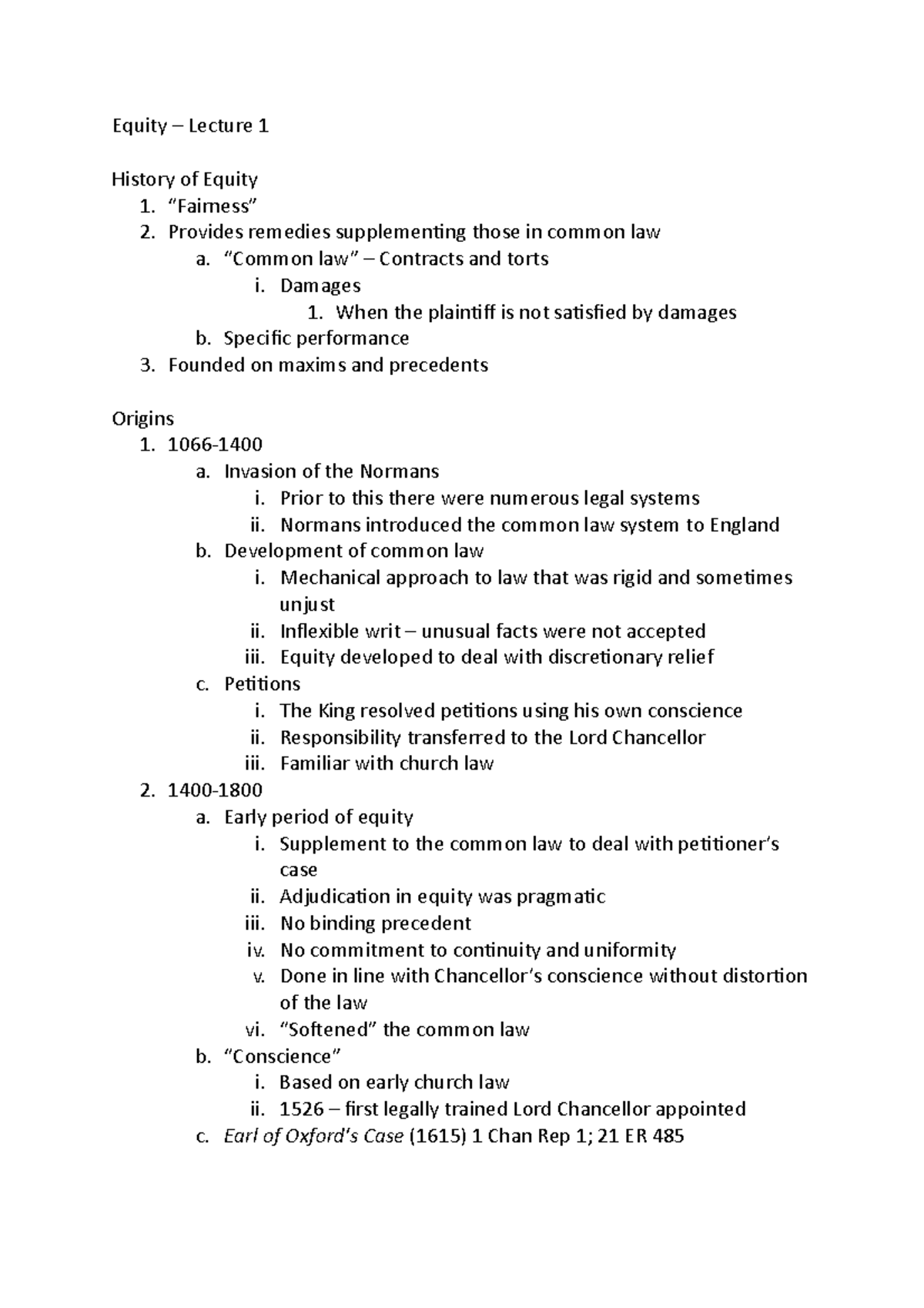 Equity 2019 - Week 1 Notes - Equity – Lecture 1 History of Equity 1 ...