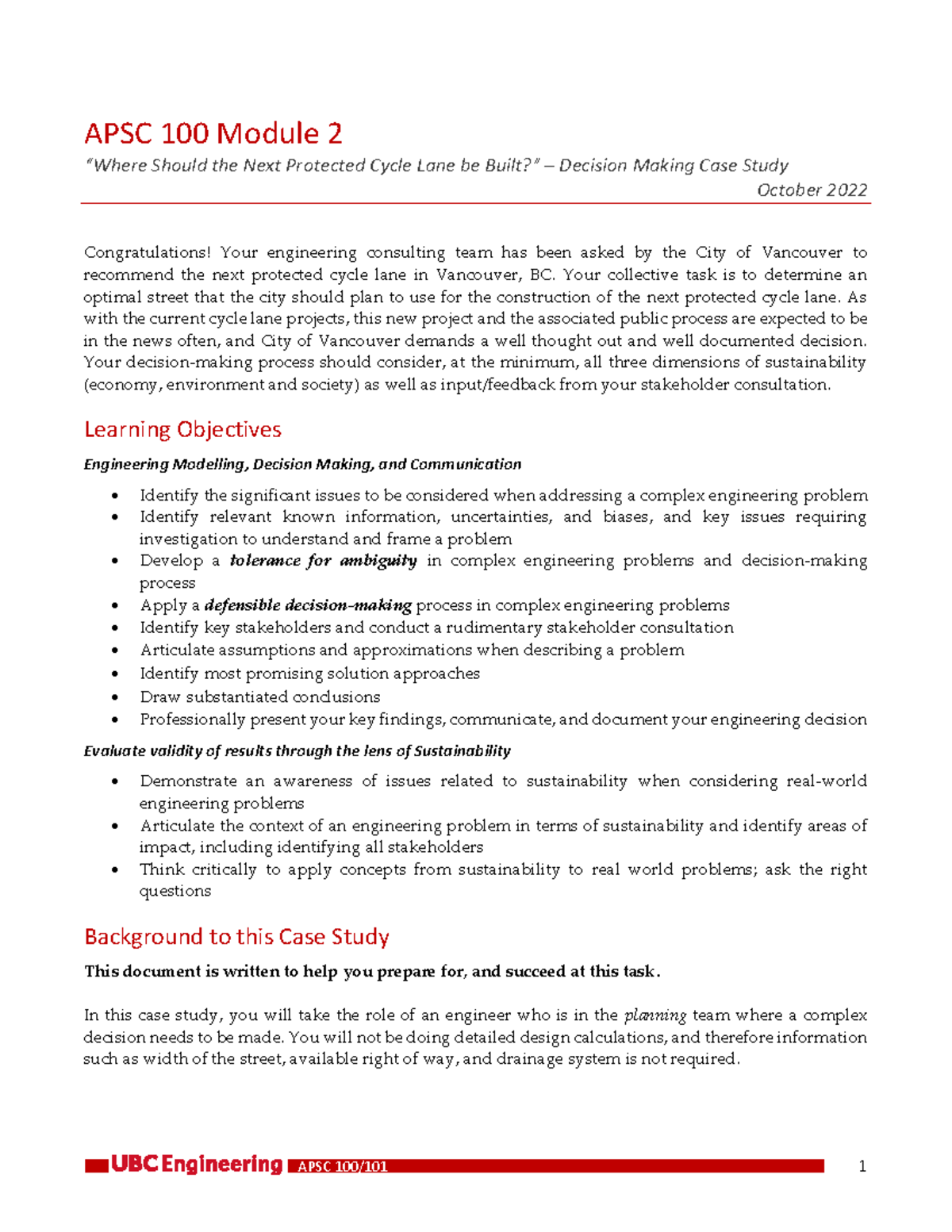 APSC 100 - Module 2 Case Study Overview - APSC 100 Module 2 “Where ...