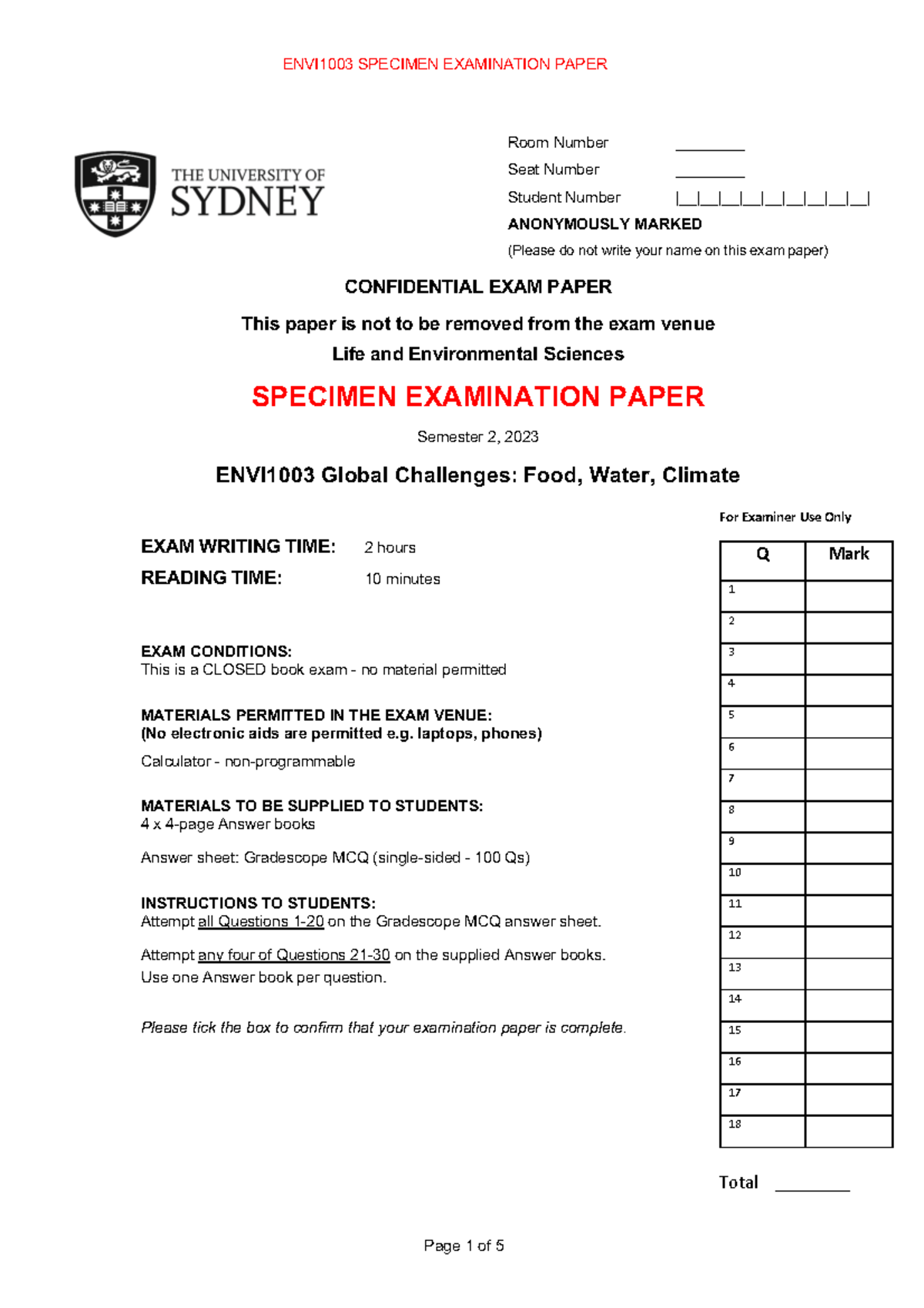 ENVI1003 Specimen Exam Paper MCQ Solutions - CONFIDENTIAL EXAM PAPER ...