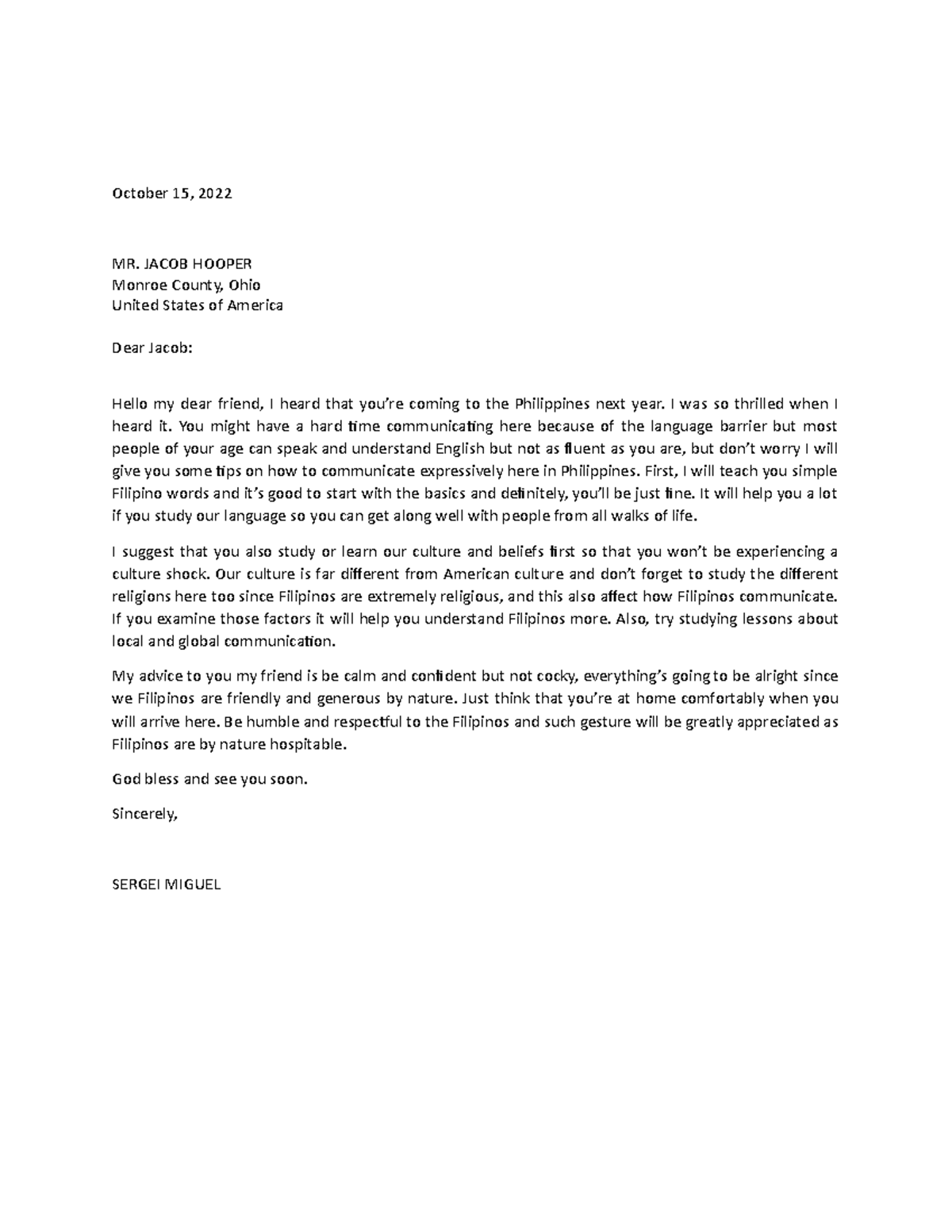 Letter migui - October 15, 2022 MR. JACOB HOOPER Monroe County, Ohio ...