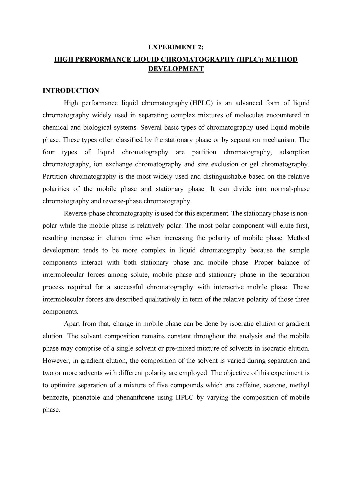 hplc experiment lab report