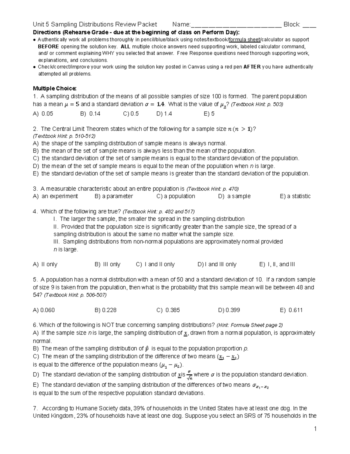 Unit 5 Sampling Distributions Review Packet - Directions (Rehearse ...