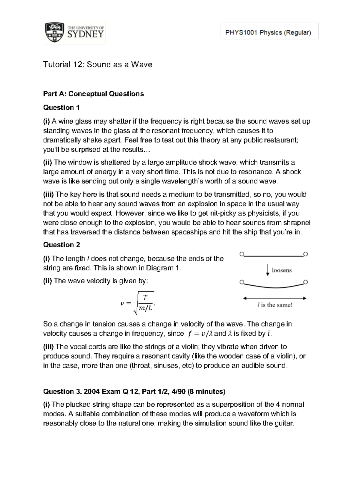 Phys1001 Tutorial 12 Solution - Tutorial 12: Sound As A Wave Part A ...