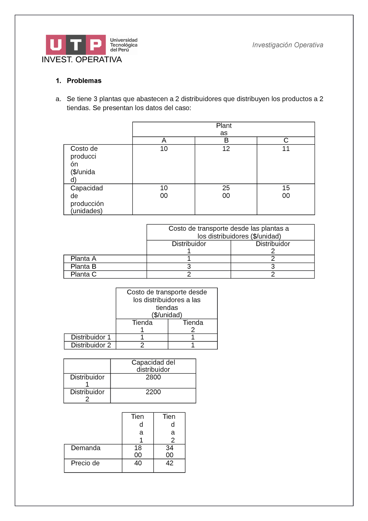 IO S9 - PRACTICA SEMANA 9 - INVEST. OPERATIVA Problemas A. Se Tiene 3 ...