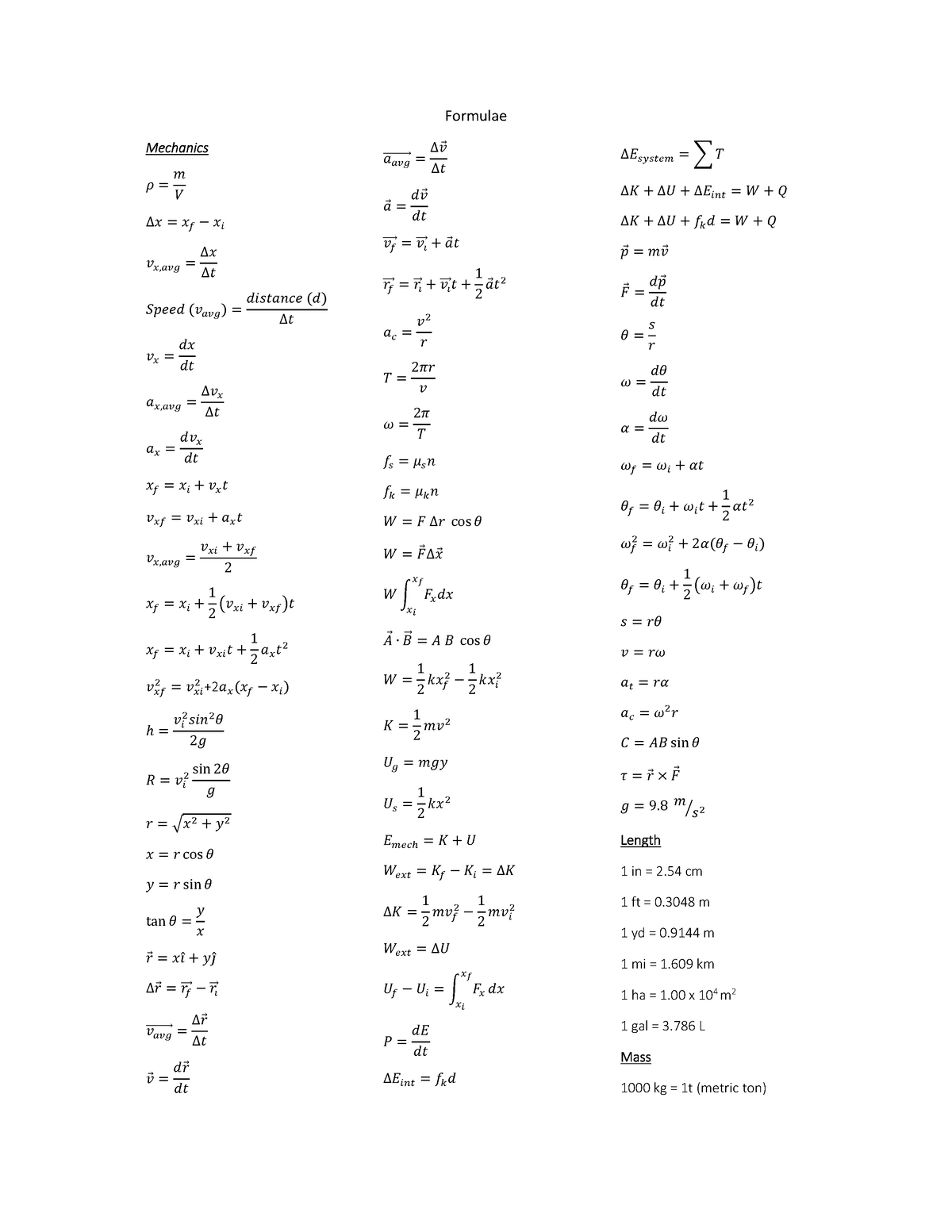Formula sheet - Formulae Mechanics ܸ ݉ ൌ ߩ ݔ ൌ ݔ∆௙ ݔ െ௜ ݒ௫,௔௩௚ ݔ∆ ൌݐ∆ ܵ ...