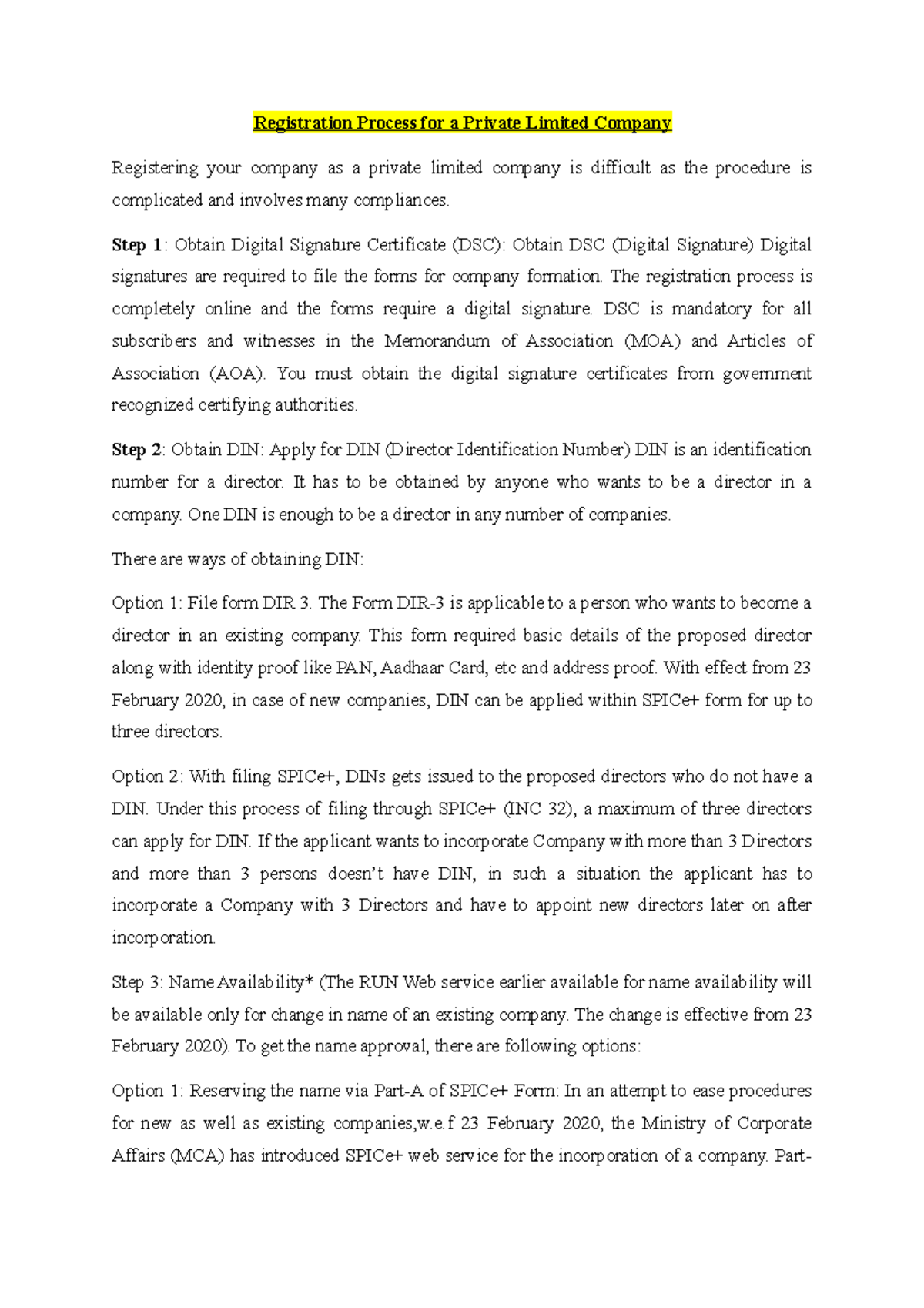 Registration Procedure Registration Process for a Private Limited