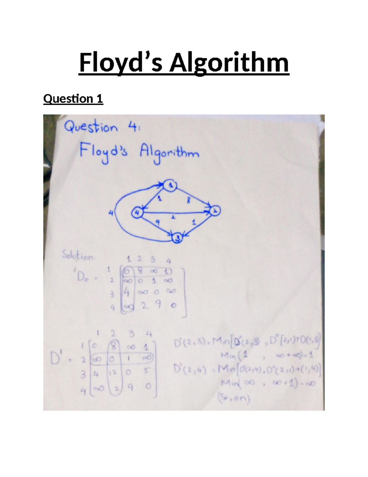 Floyd's algorithm - Floyd's Algorithm Question 1 Question 4: Floyd's ...