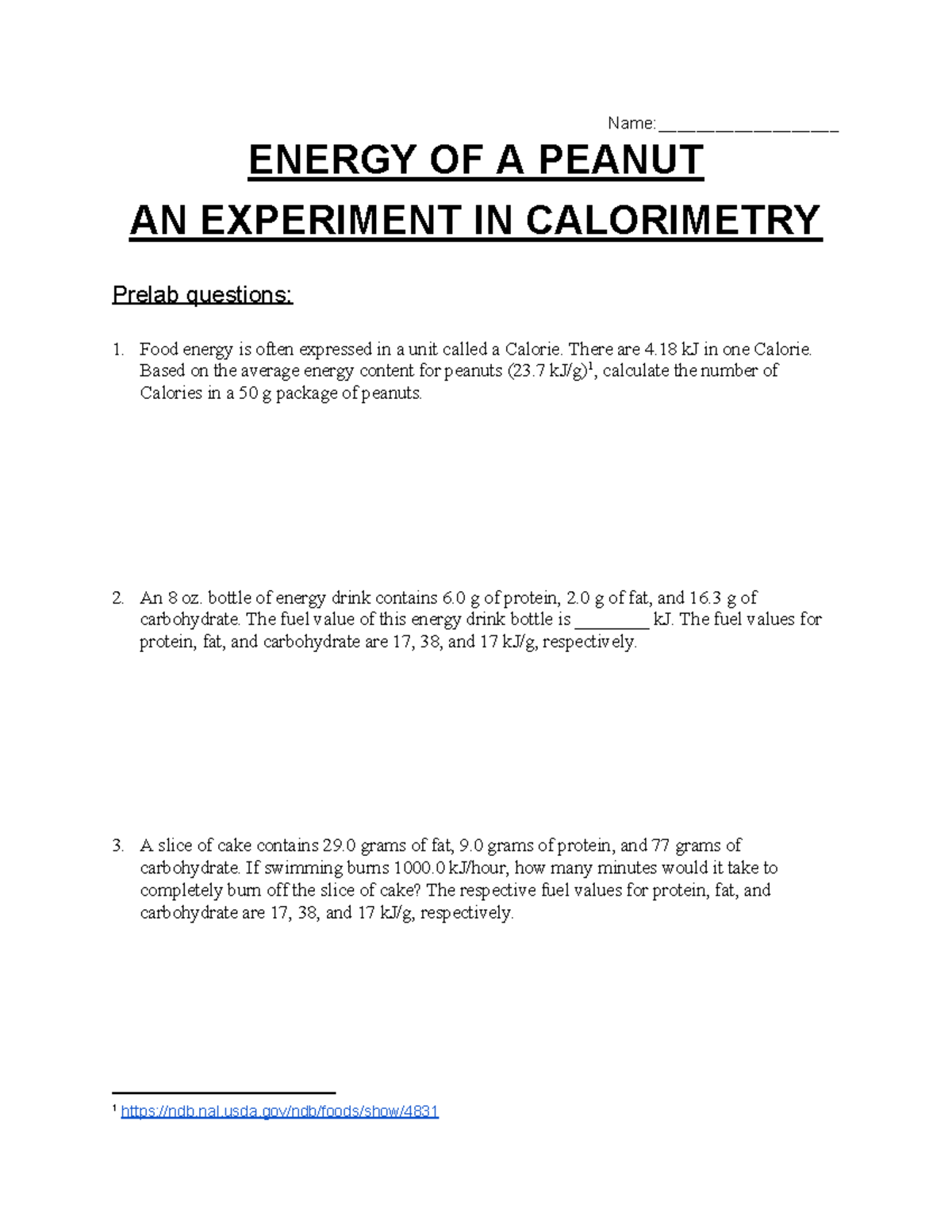 Energy of a peanut prelab Name___________________ ENERGY OF A PEANUT