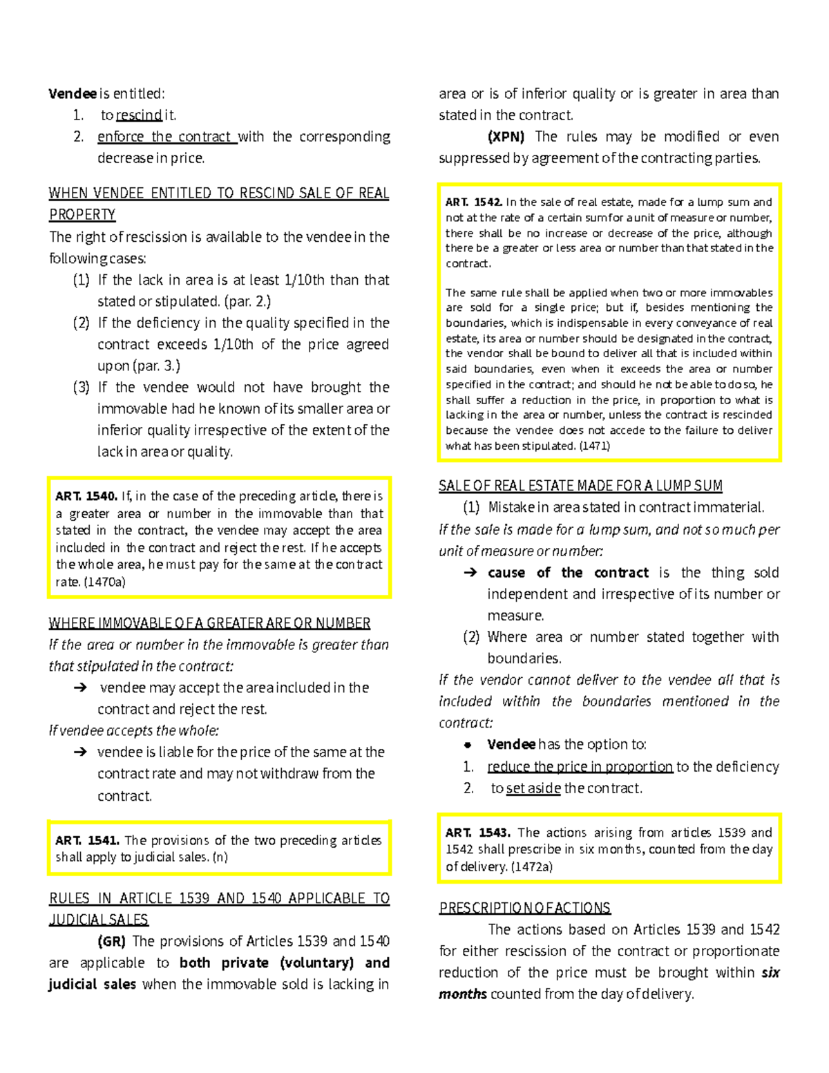 Outline on Obligations and Contracts part 13 Vendee is entitled 1