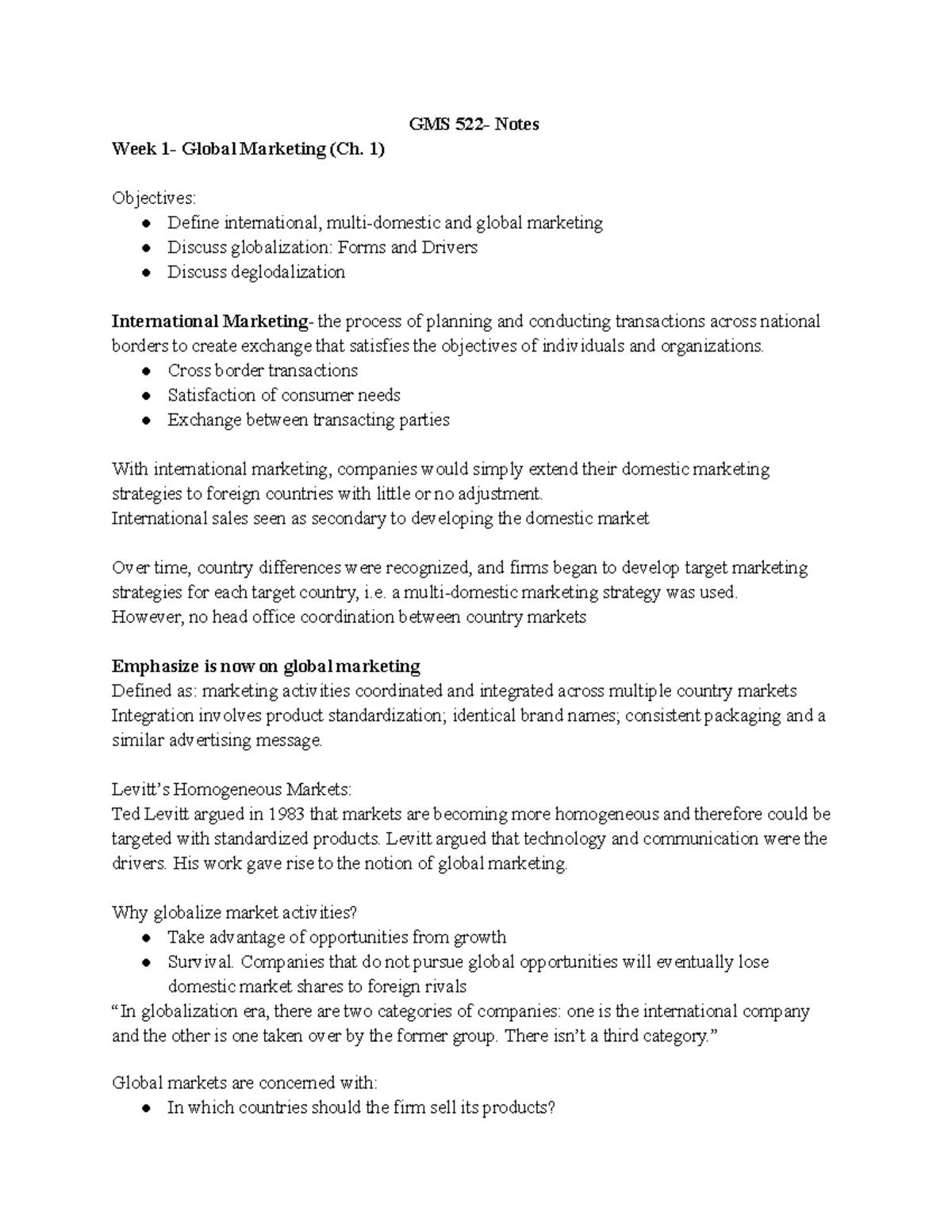 GMS 522- Notes - GMS 522- Notes Week 1- Global Marketing (Ch. 1 ...