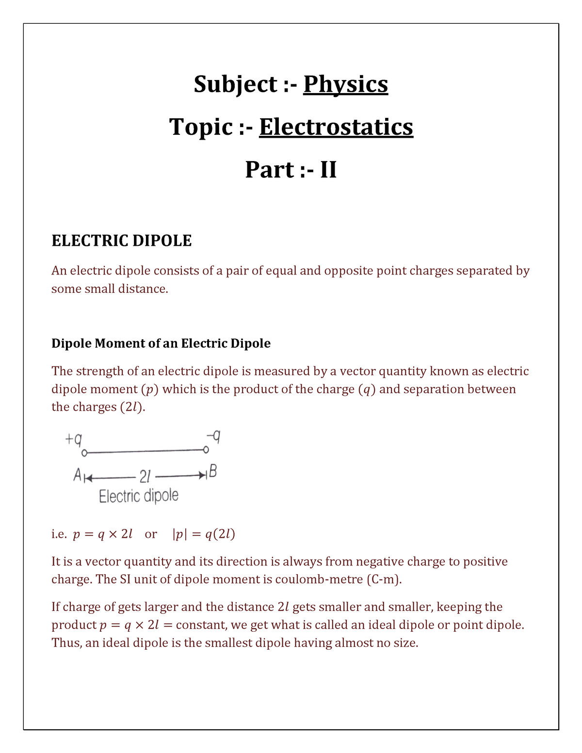 Electrostatics Part 2-class Notes - Subject :- Physics Topic ...