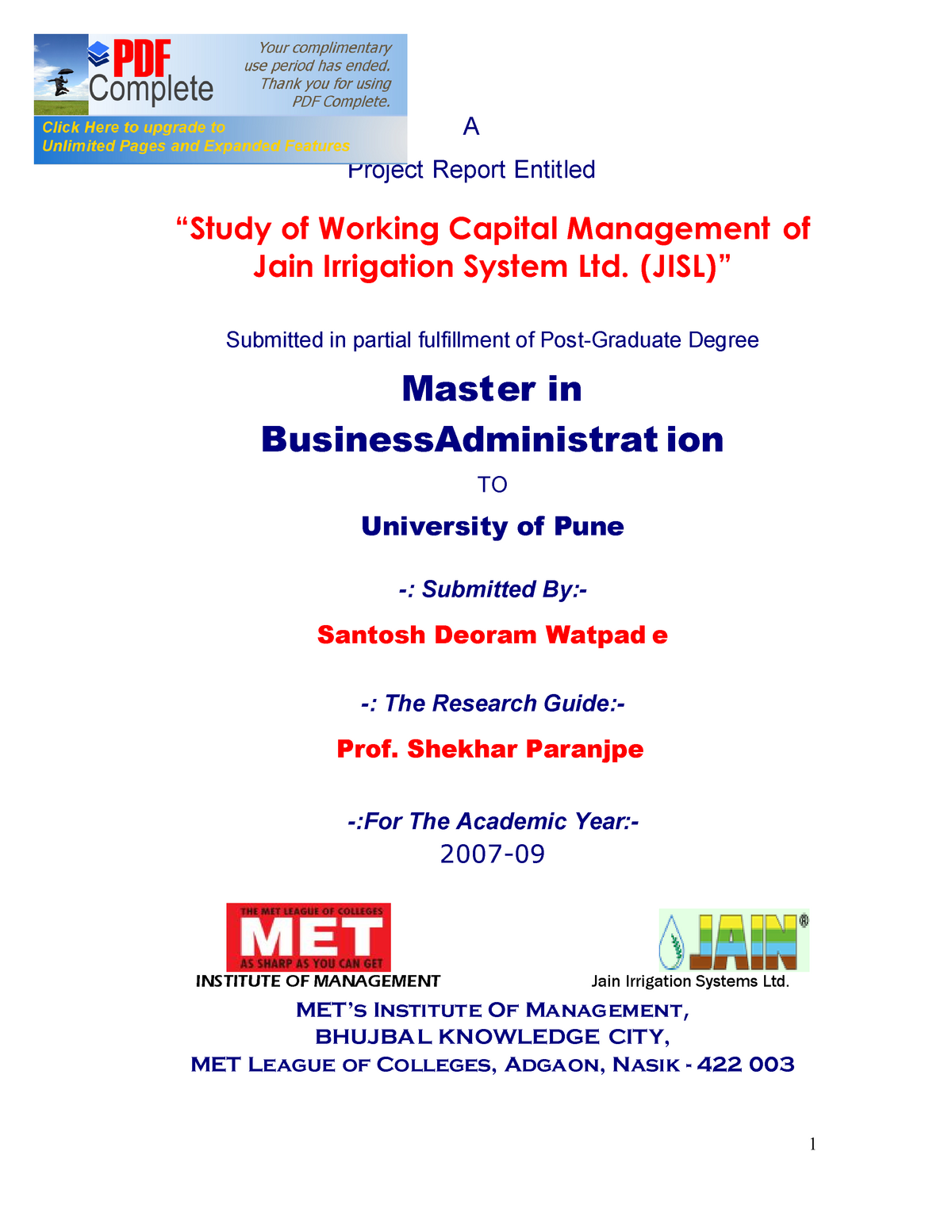 research methodology working capital management project