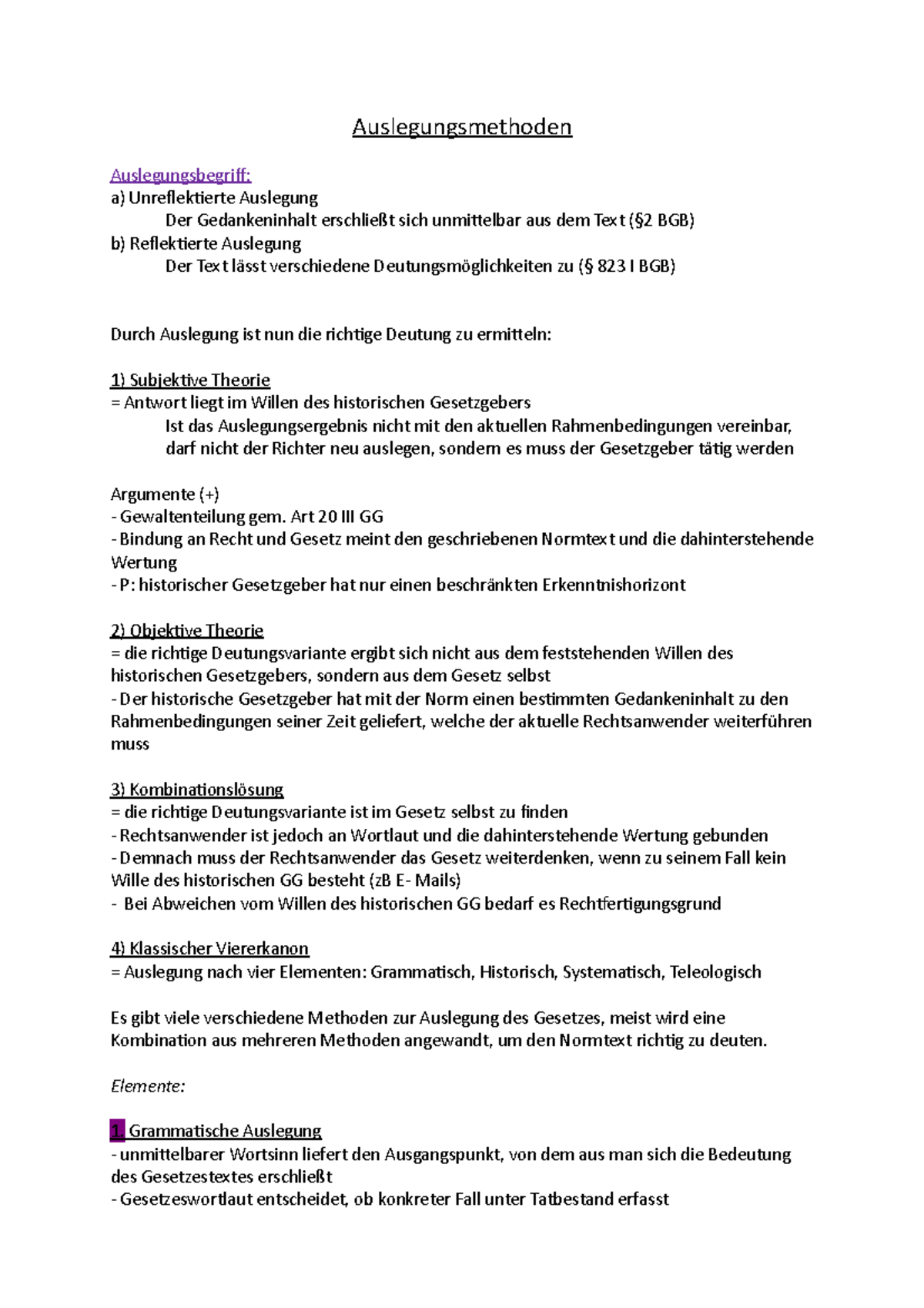 Zusammenfassung Juristische Methodenlehre - Auslegungsmethoden ...