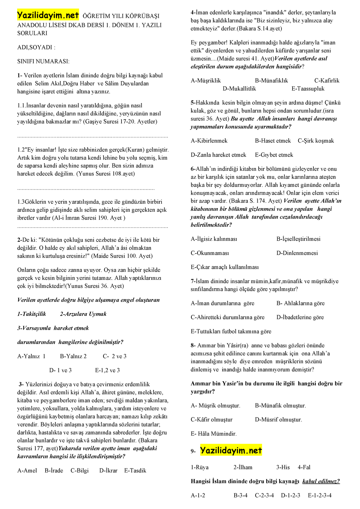 Din9snif-1donem 1 - Biology And Religion - Yazilidayim ÖĞRETİM YILI ...