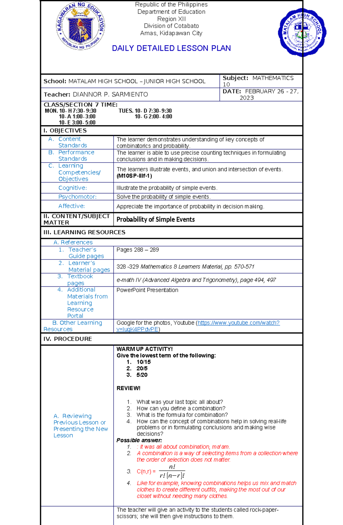 1 Lesson PLAN Probability OF Simple Events - Republic of the ...