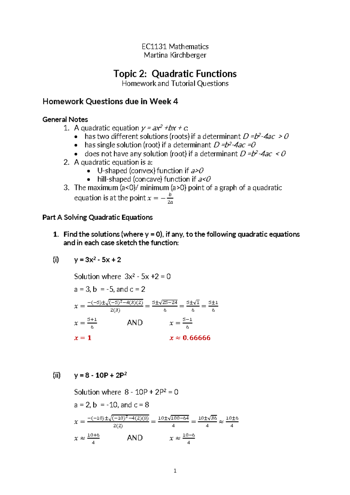 introduction to quadratic functions homework answers