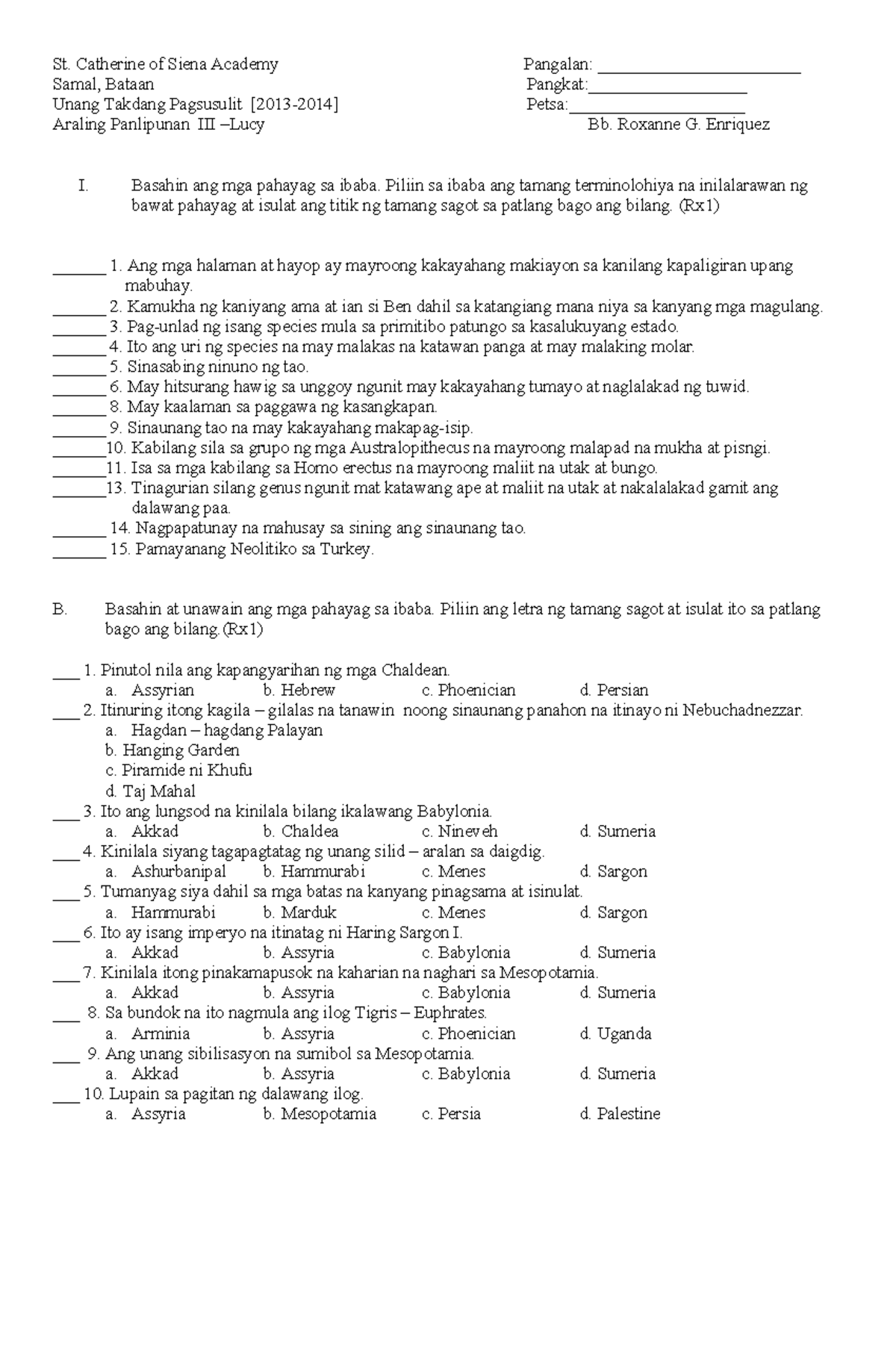 First p.t in a.p iii - ms word - St. Catherine of Siena Academy ...