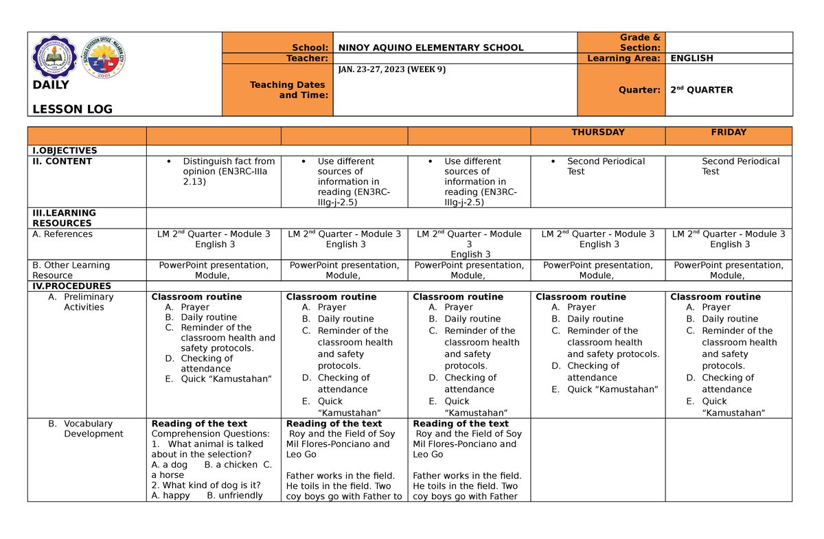 Q2 English WEEK 8 - GRADE THREE DAILY LESSON LOG School: NINOY AQUINO ...