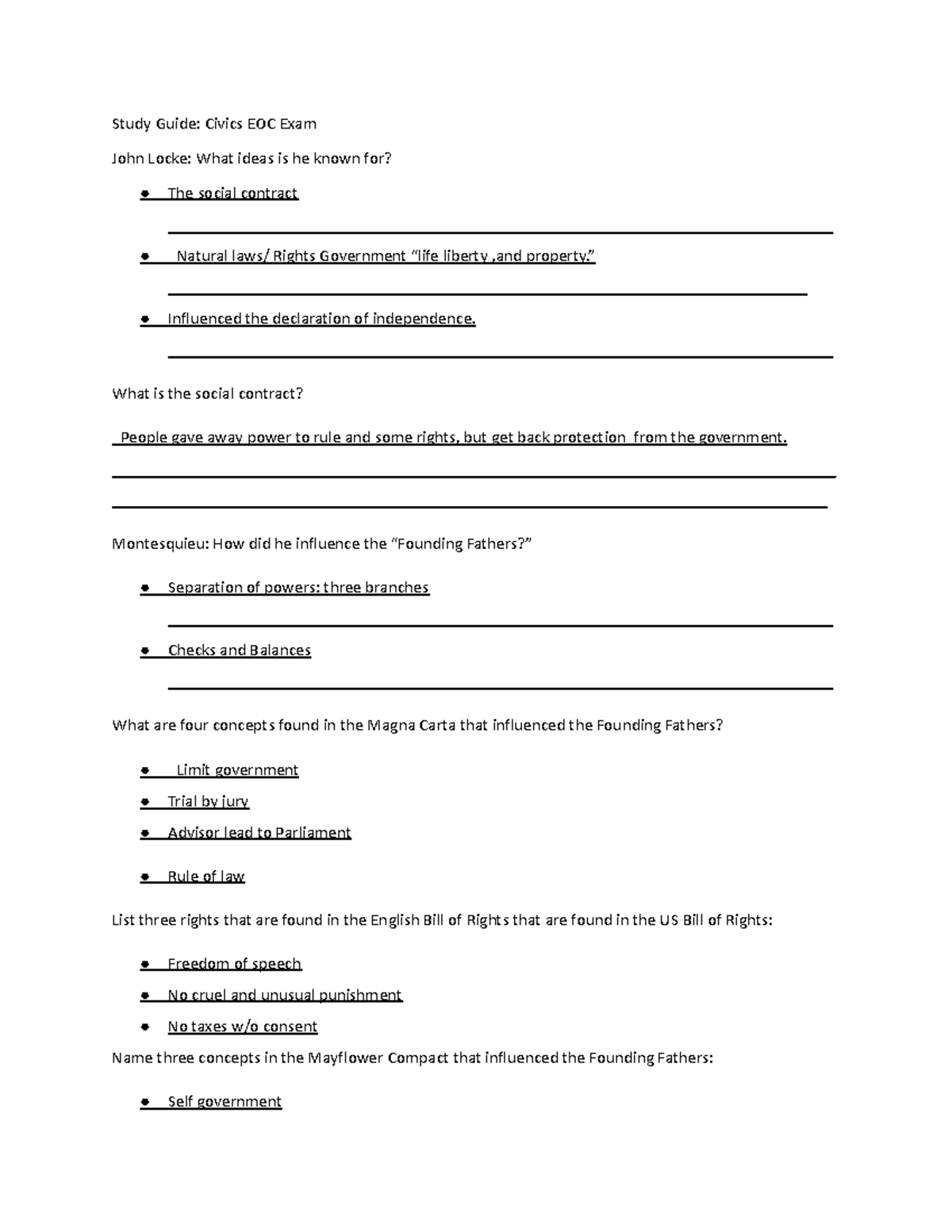 Justin Gonzalez - Study Guide - Study Guide: Civics EOC Exam John Locke ...