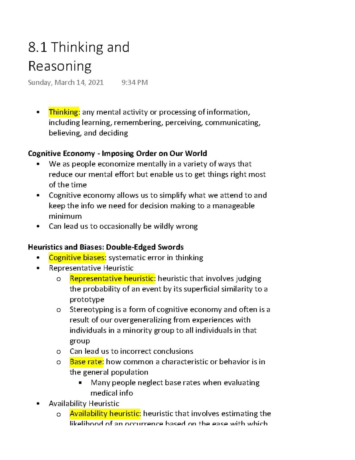 8.1 Thinking and Reasoning - Thinking: any mental activity or ...