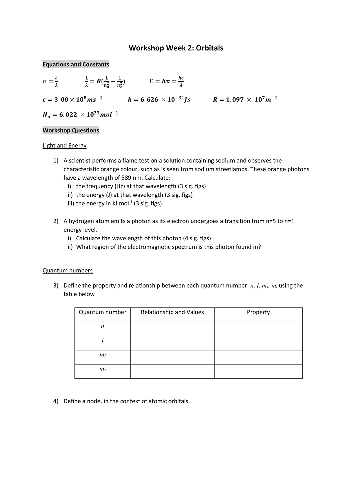 CHM1051 week 2 workshop worksheet - Workshop Week 2: Orbitals Equations ...