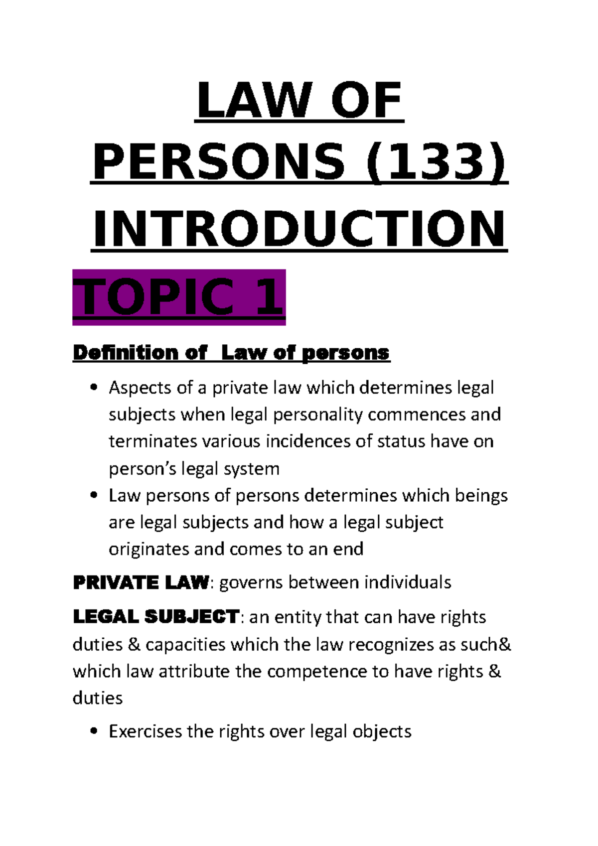 LAW OF Persons guidance LAW OF PERSONS (133) INTRODUCTION TOPIC 1